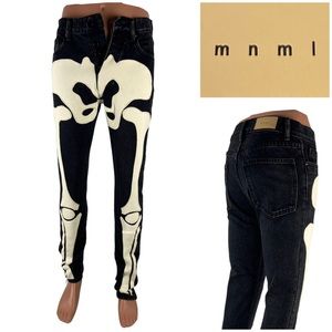 mnml Mens 28 X 35 Jeans  Skeleton Black Denim Slim Fit 3D Cotton Punk Grunge